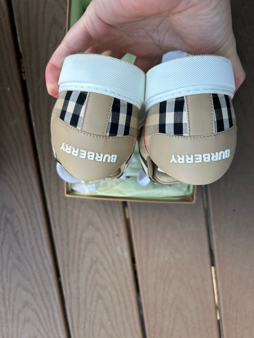 Burberry Beige/Tan Check Leather Low-Top Sneakers with White Soles - Picture 4 of 7